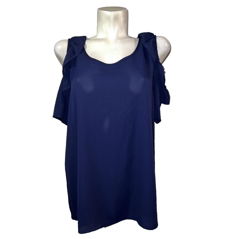 NY Collection Navy‎ Blue Ruffle Cold Shoulder Blouse XL XDOU1107